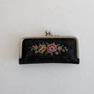 Vintage Travel miniature leather Manicure set Floral Needle Point case Kisslock